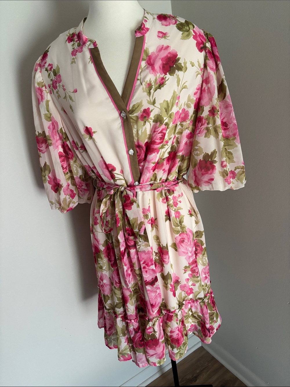 Floral Pink & Olive Belted Summer Dress